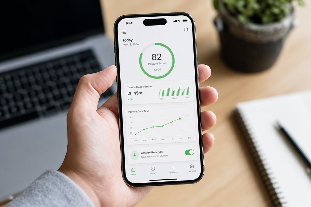 Une main tenant un smartphone affichant le tableau de bord d'une application de suivi de la posture avec un anneau de progression vert