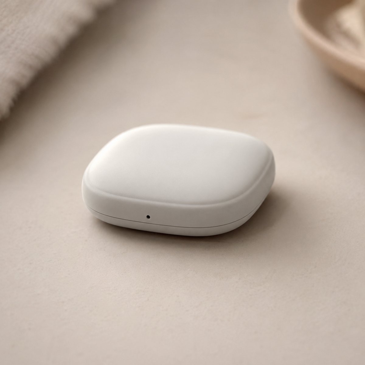 Le petit capteur de posture blanc, minimaliste, posé sur une surface claire et neutre